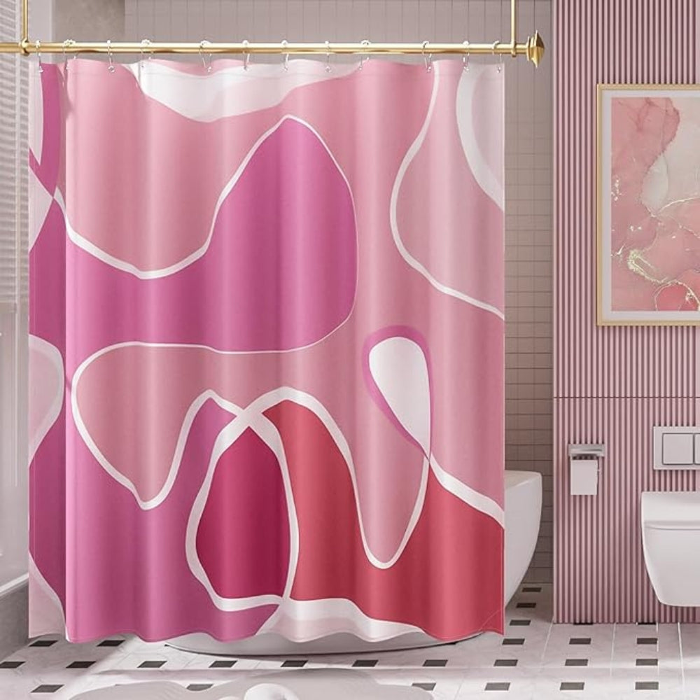 Pink abstract shower curtain, modern waterproof bathroom curtain with bold geometric design, includes hooks for tub or shower