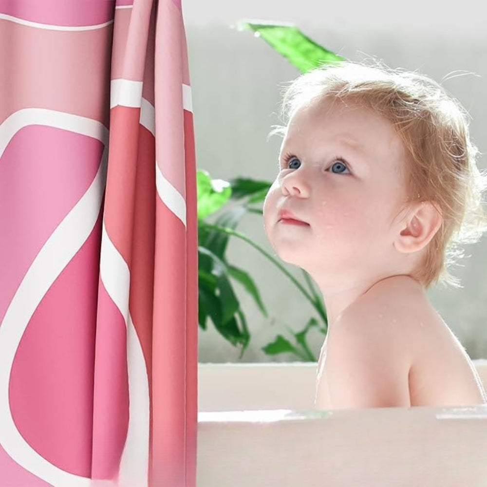 Pink abstract shower curtain, modern waterproof bathroom curtain with bold geometric design, includes hooks for tub or shower