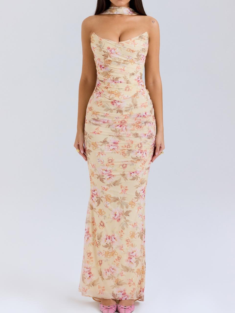 Floral Strapless Bodice and High Waist Skirt with Tie Set