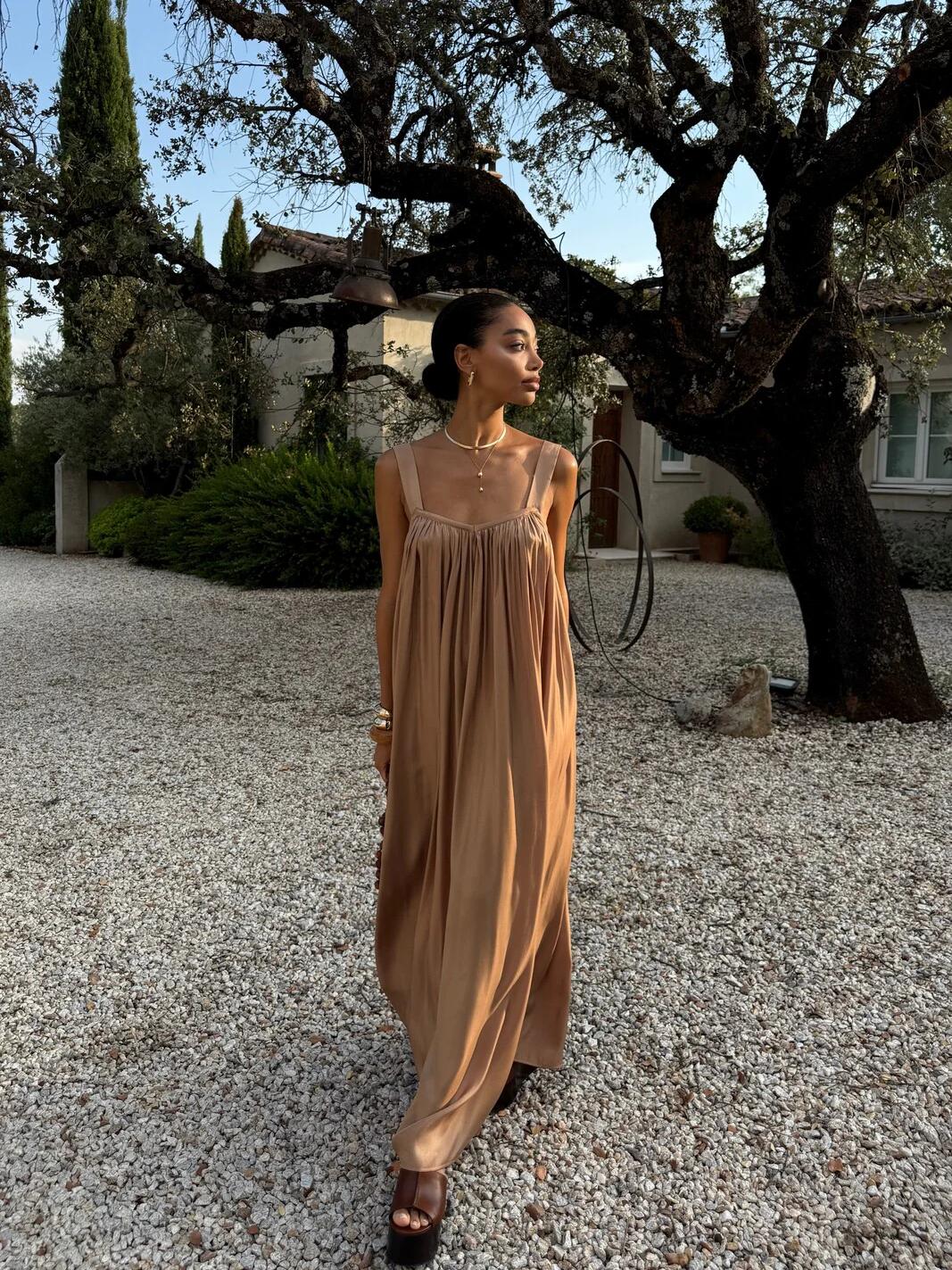 Shirred Strap Maxi Dress