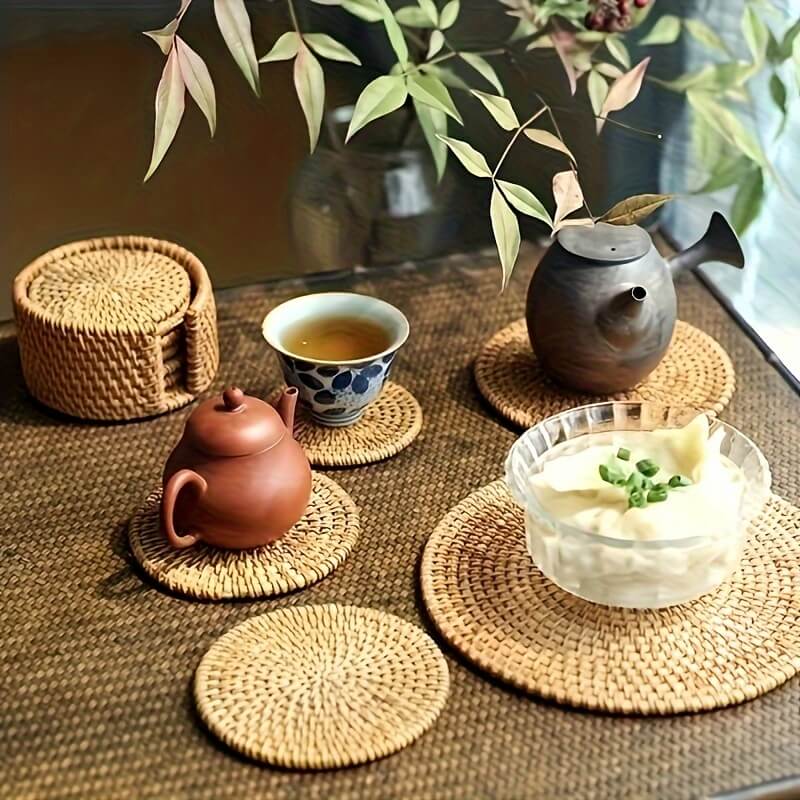 Rattan coaster set – Handwoven eco-friendly design – Rustic home decor – Set of 6 with matching holder