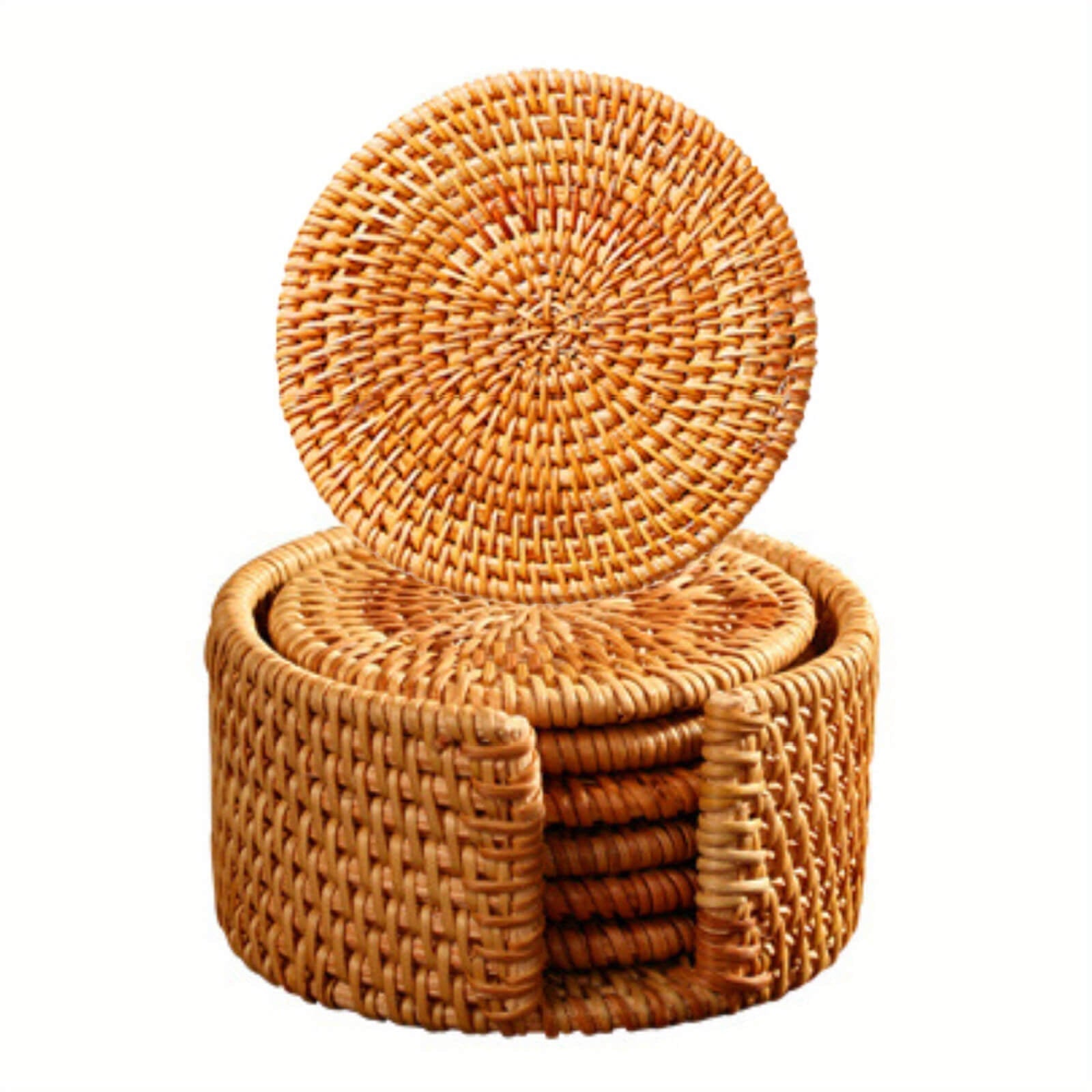 Rattan coaster set – Handwoven eco-friendly design – Rustic home decor – Set of 6 with matching holder
