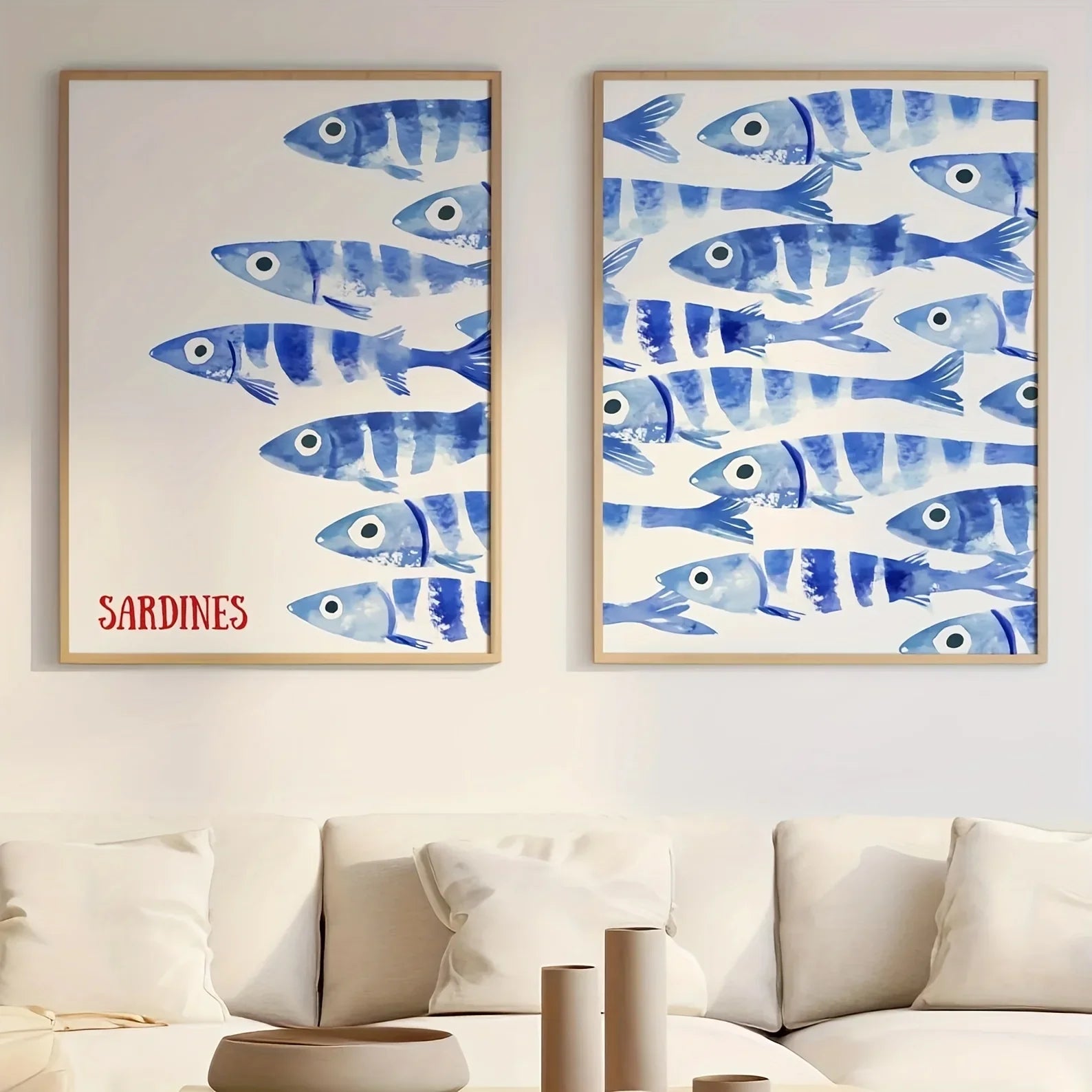 Coastal wall art set with blue sardine fish prints, nautical canvas paintings for modern living room decor