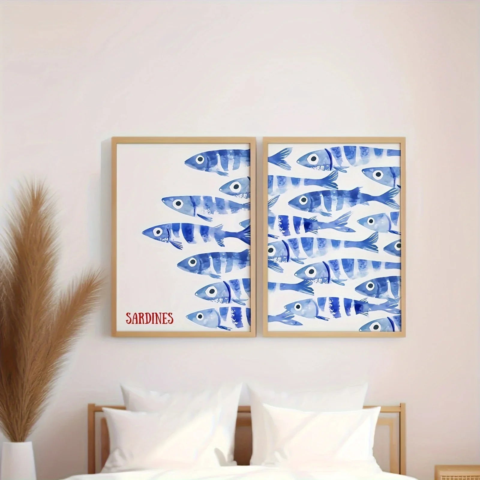 Coastal wall art set with blue sardine fish prints, nautical canvas paintings for modern living room decor