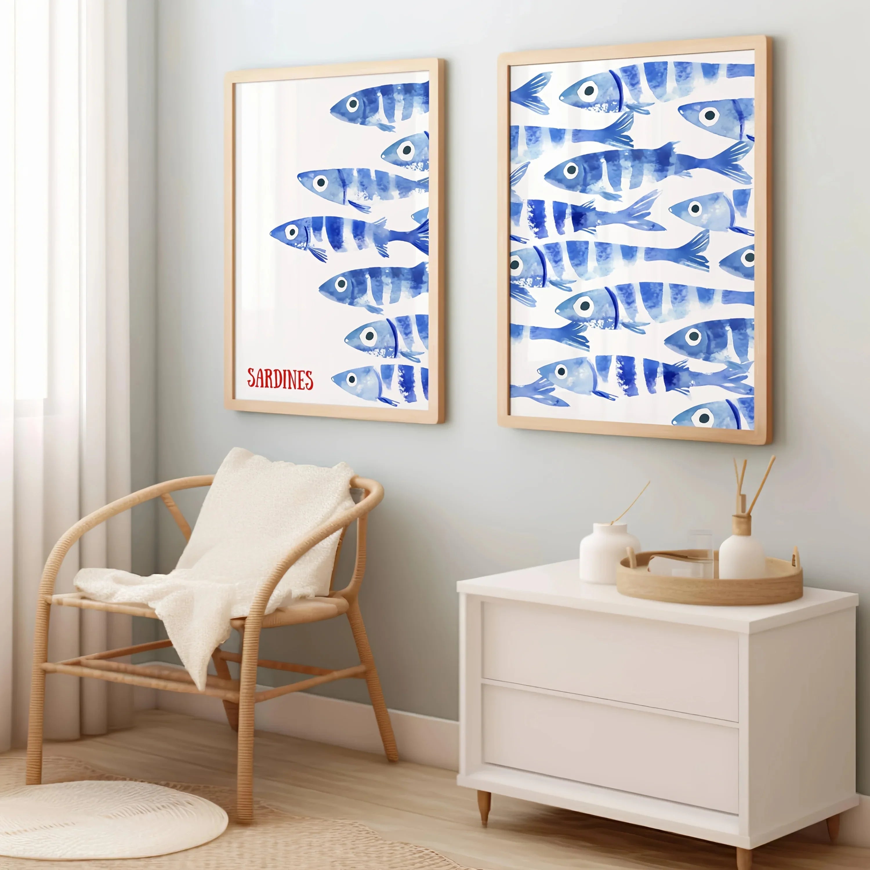 Coastal wall art set with blue sardine fish prints, nautical canvas paintings for modern living room decor