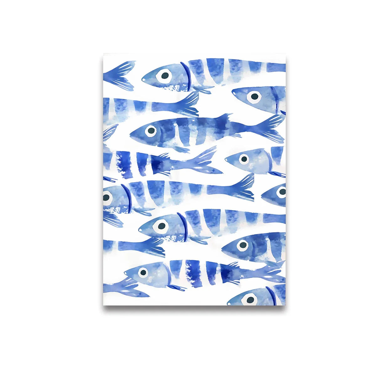 Coastal wall art set with blue sardine fish prints, nautical canvas paintings for modern living room decor
