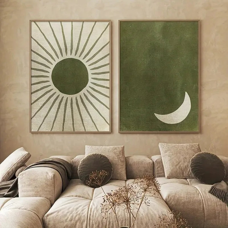 Sun and moon wall art set in green and beige, minimalist canvas prints for modern living room or bedroom decor
