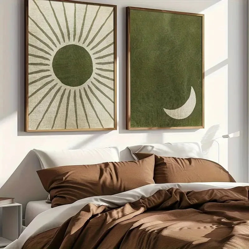 Sun and moon wall art set in green and beige, minimalist canvas prints for modern living room or bedroom decor