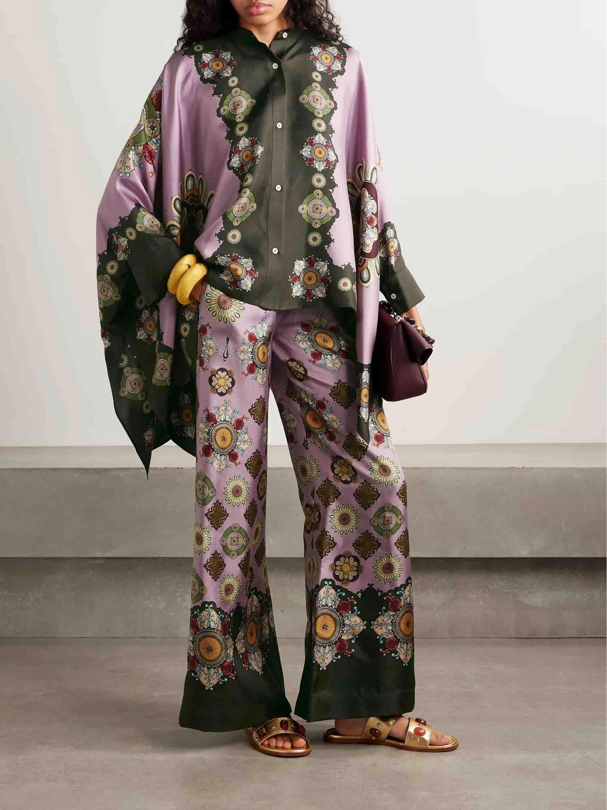 Retro Fine Satin Floral Print Wide Leg Pants Set