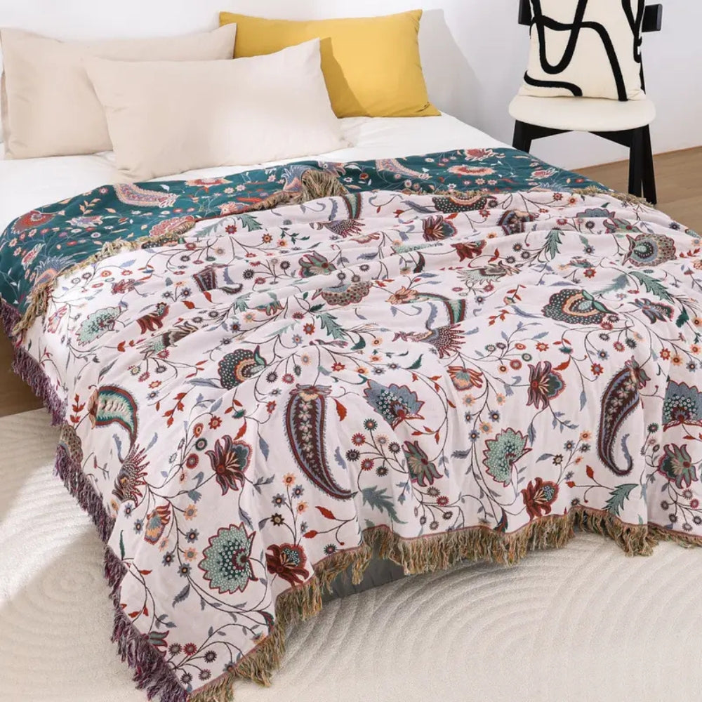 Reversible Cotton Blanket, Floral Design, 60 x 80 Inches, Soft, Machine Washable, Decorative Tassels