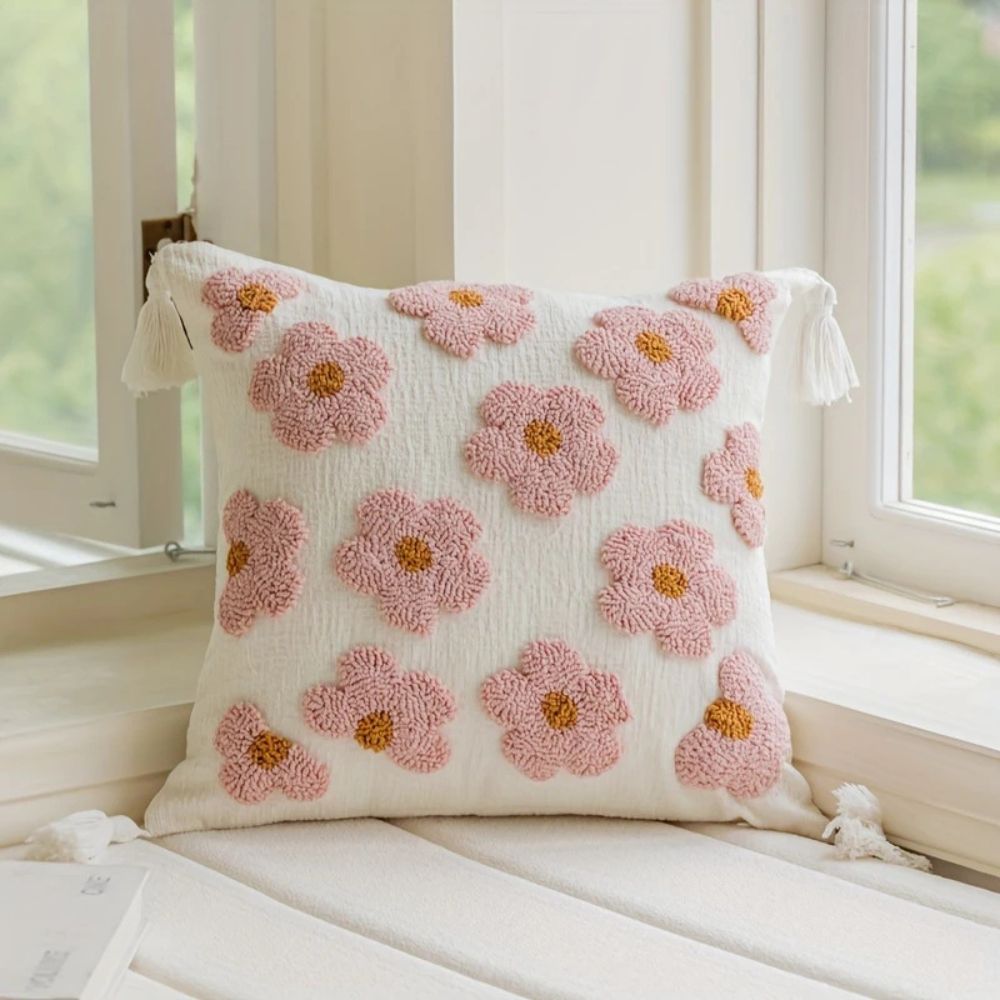Rosy Bloom Tufted Cushion Cover