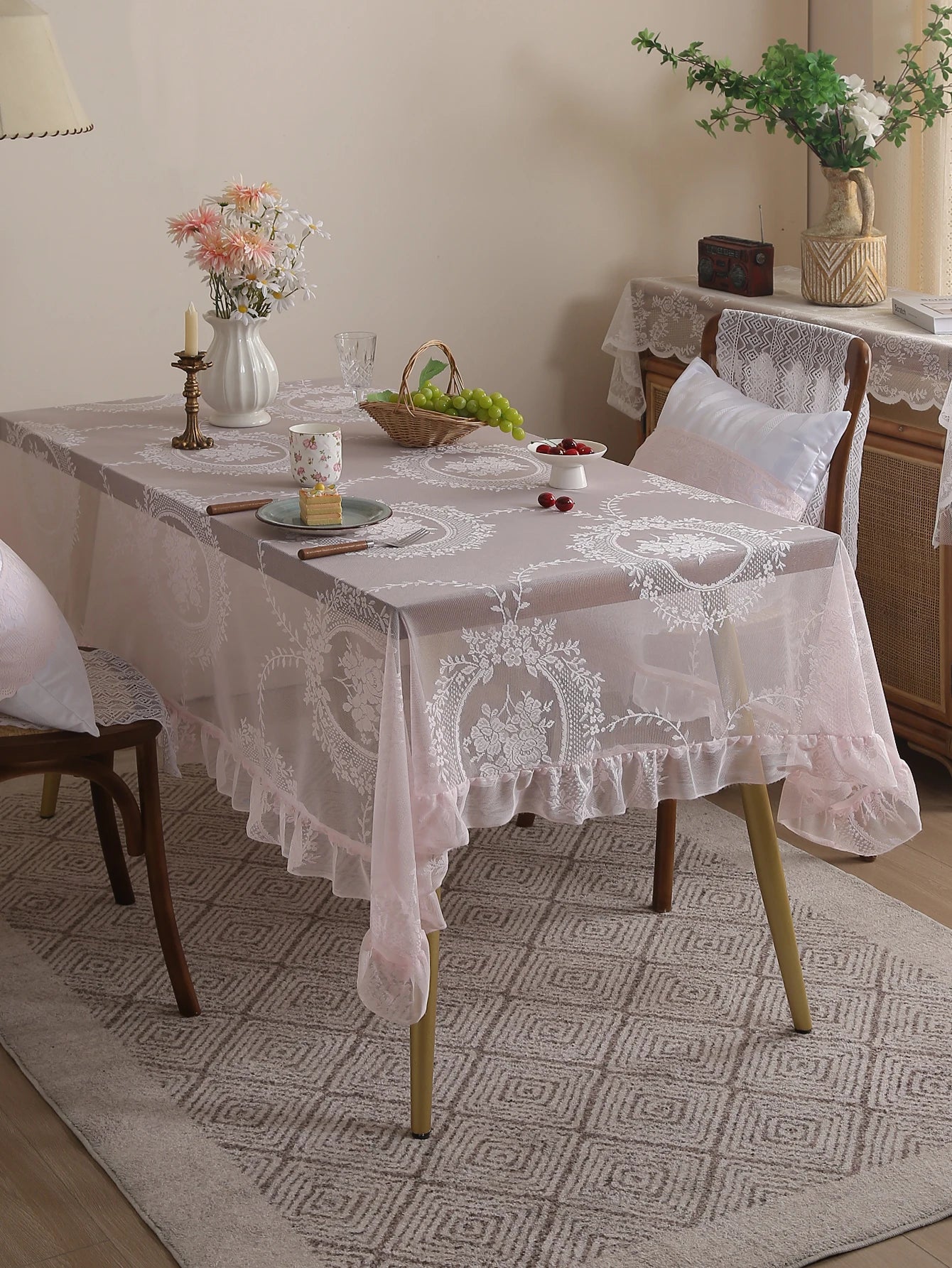 Rustic Pink Lace Tablecloth 60x84 for Dining, Living Room & Wedding Decor