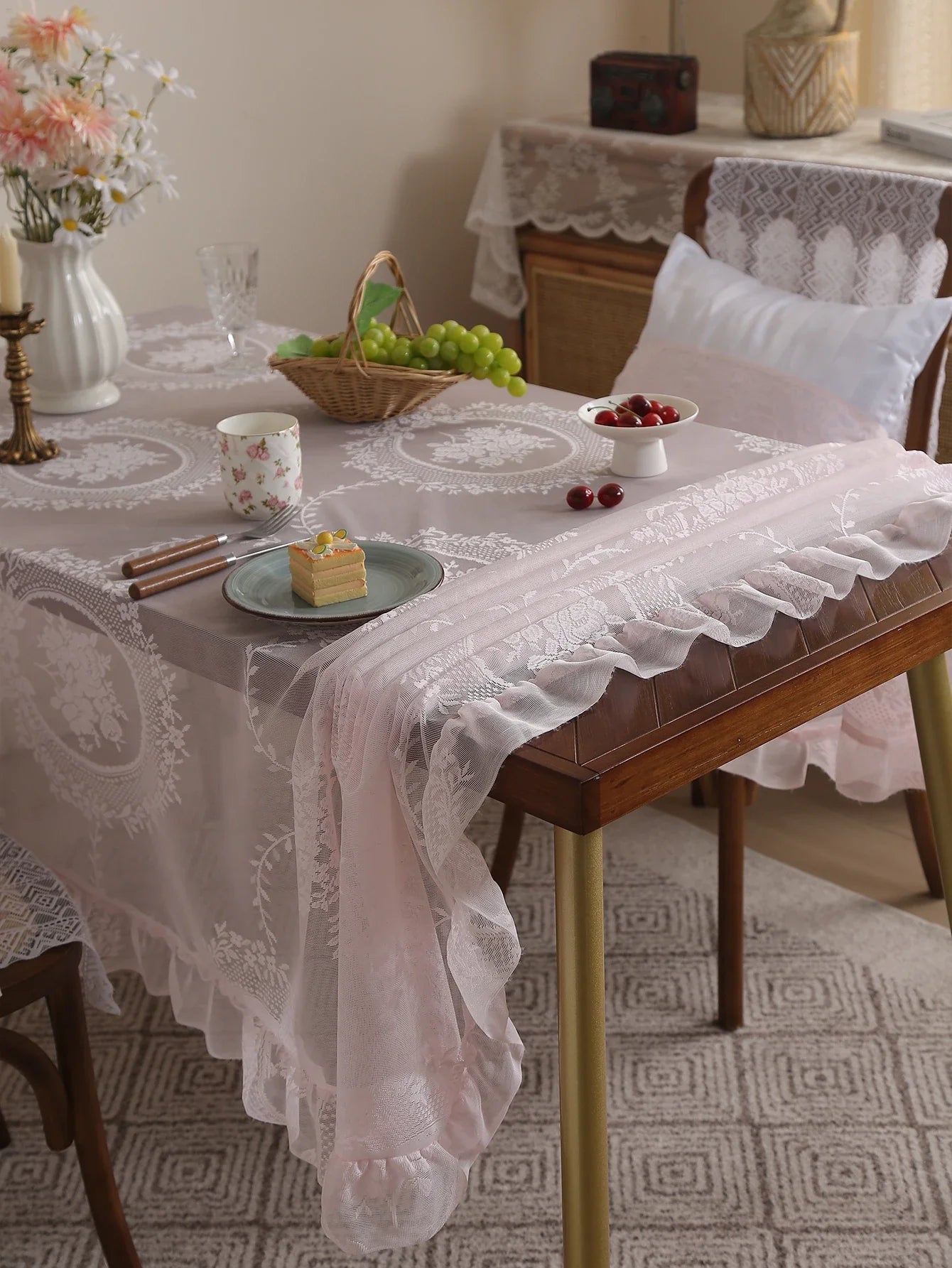 Rustic Pink Lace Tablecloth 60x84 for Dining, Living Room & Wedding Decor