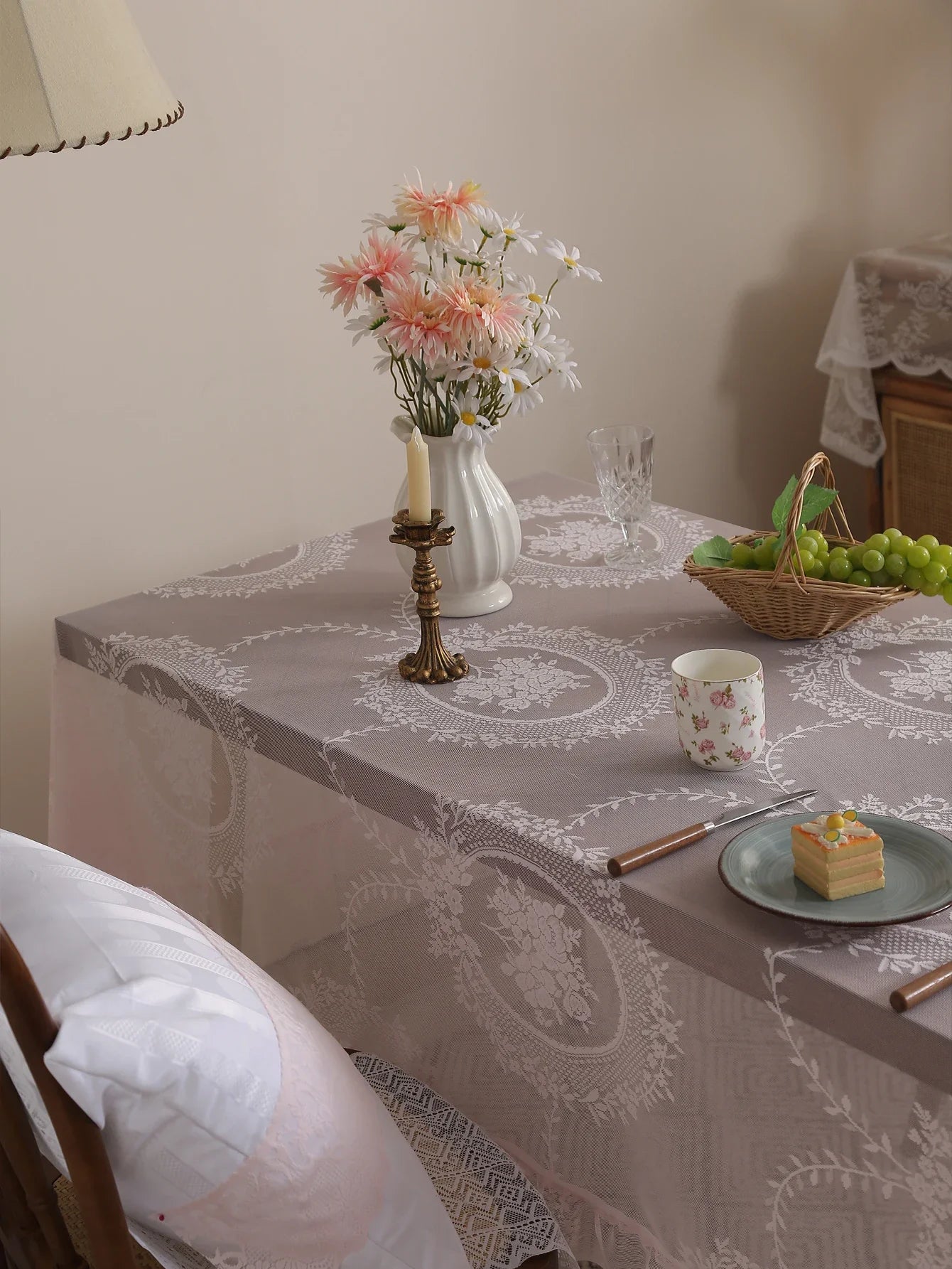 Rustic Pink Lace Tablecloth 60x84 for Dining, Living Room & Wedding Decor