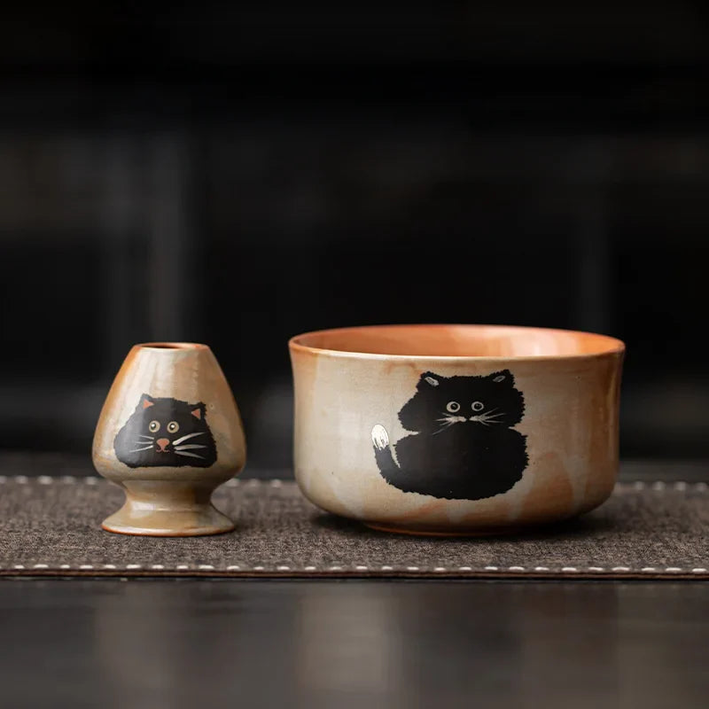 Cute Cat Matcha Gift Set with Bamboo Whisk, Ceramic Bowl, and Scoop – Matcha Tea Set for Tea Lovers