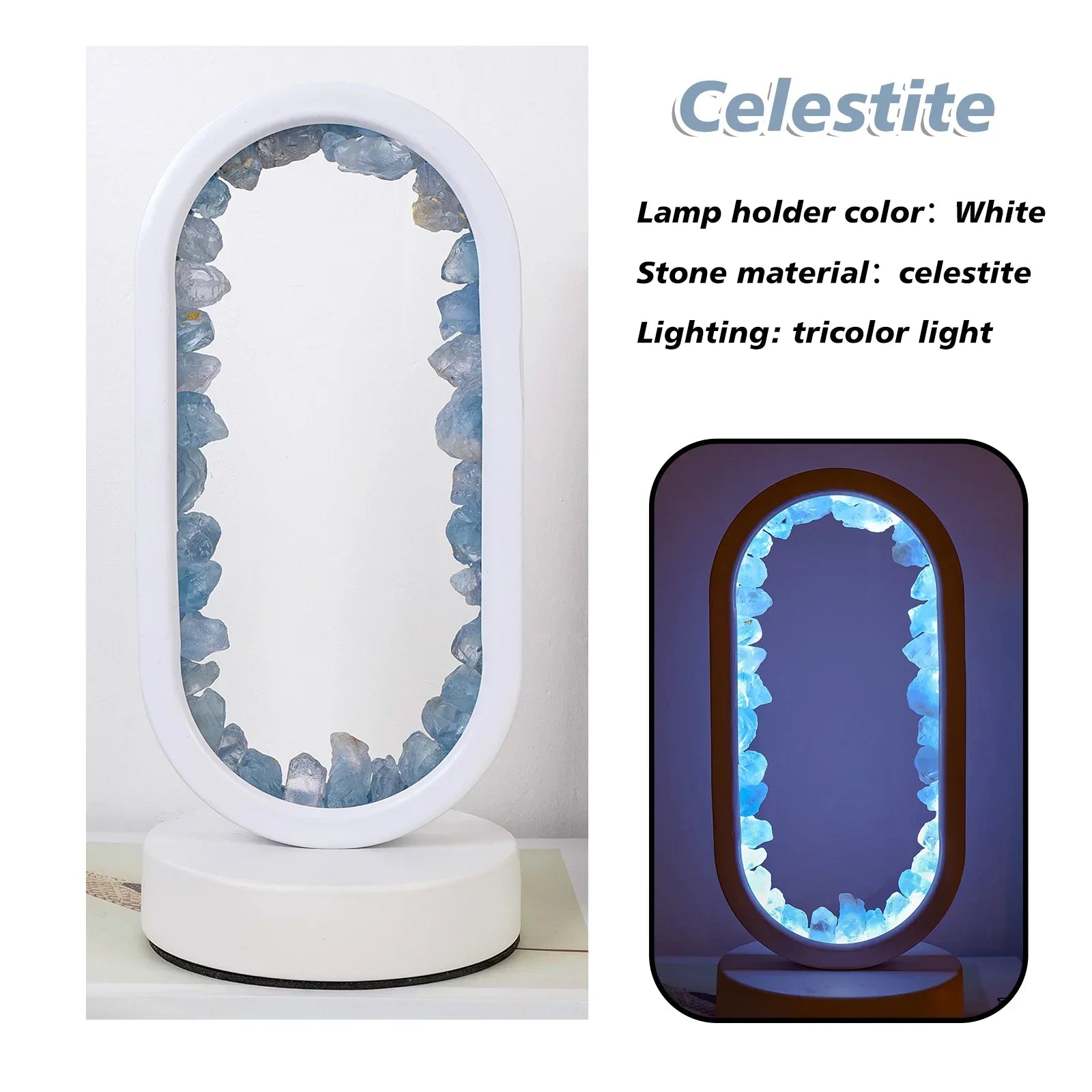 Amethyst crystal LED table lamp with oval frame, ambient night light for bedroom or meditation space decor