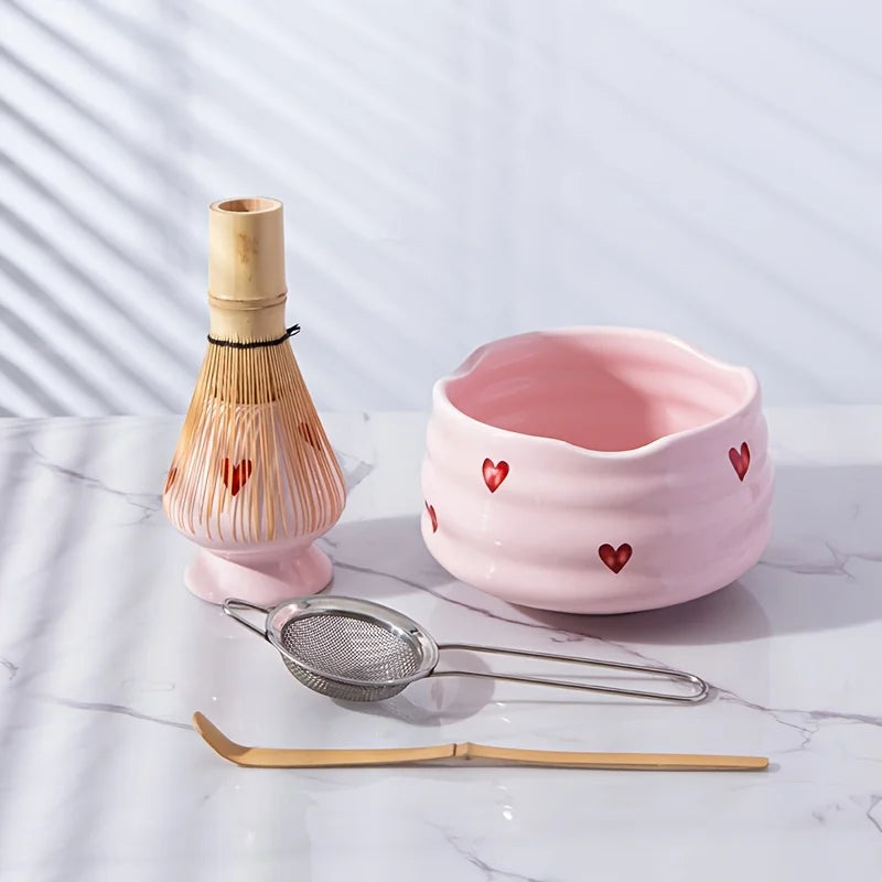 Ceramic Matcha Set with Pink Heart Decals - Complete Matcha Bowl, Whisk, Holder, Bamboo Scoop, and Sifter