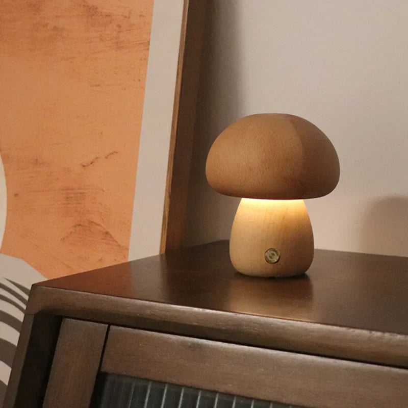 Wooden mushroom-shaped LED night light, rechargeable table lamp for bedroom or cozy home decor
