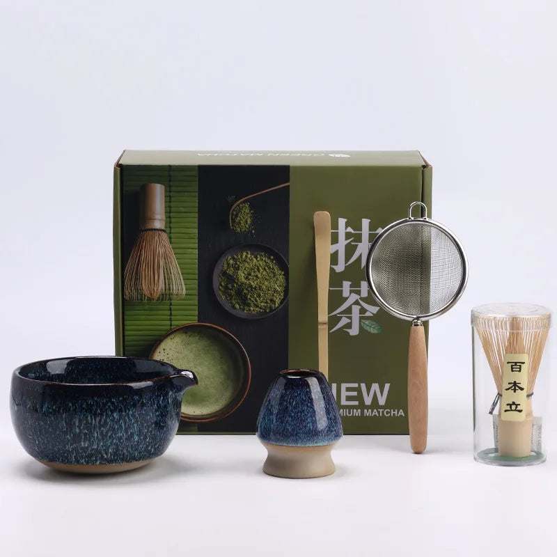 Traditional Japanese matcha tea set with ceramic bowl, bamboo whisk, scoop, sifter, and whisk holder – complete matcha making kit