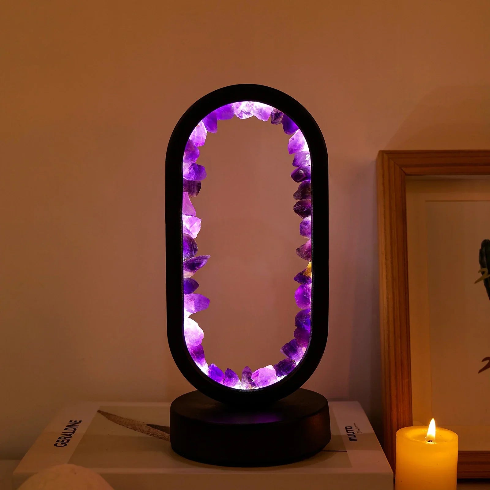 Amethyst crystal LED table lamp with oval frame, ambient night light for bedroom or meditation space decor