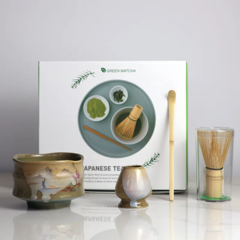 Ceramic Matcha Tea Set with Bamboo Whisk and Spout Bowl – Complete Tea Gift Set for Traditional Ceremonies