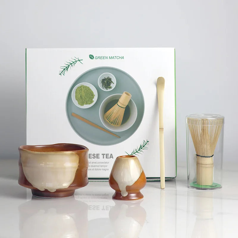 Ceramic Matcha Tea Set with Bamboo Whisk and Spout Bowl – Complete Tea Gift Set for Traditional Ceremonies