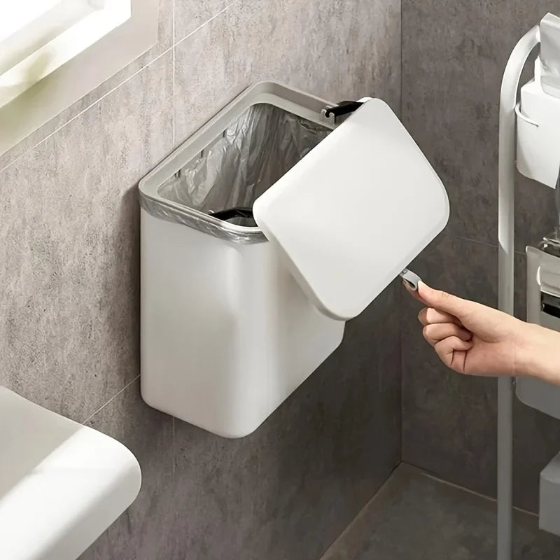 Wall-mounted slim bathroom trash can with flip lid, space-saving garbage bin for toilet or kitchen storage