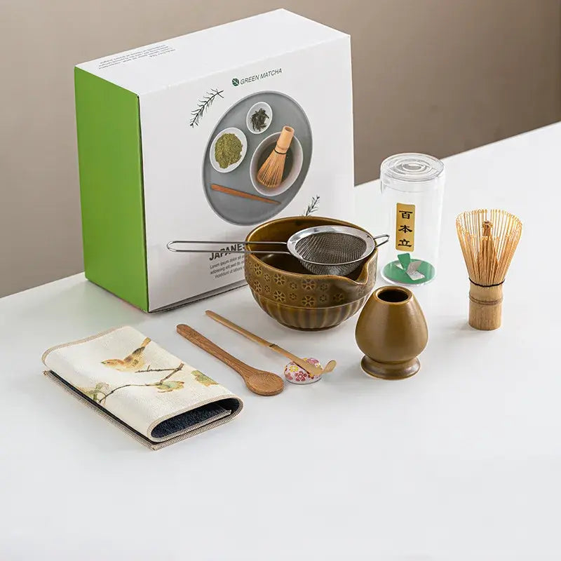 8-Piece Matcha Set with Bamboo Whisk and Glazed Ceramic Bowl for Authentic Japanese Tea Experience
