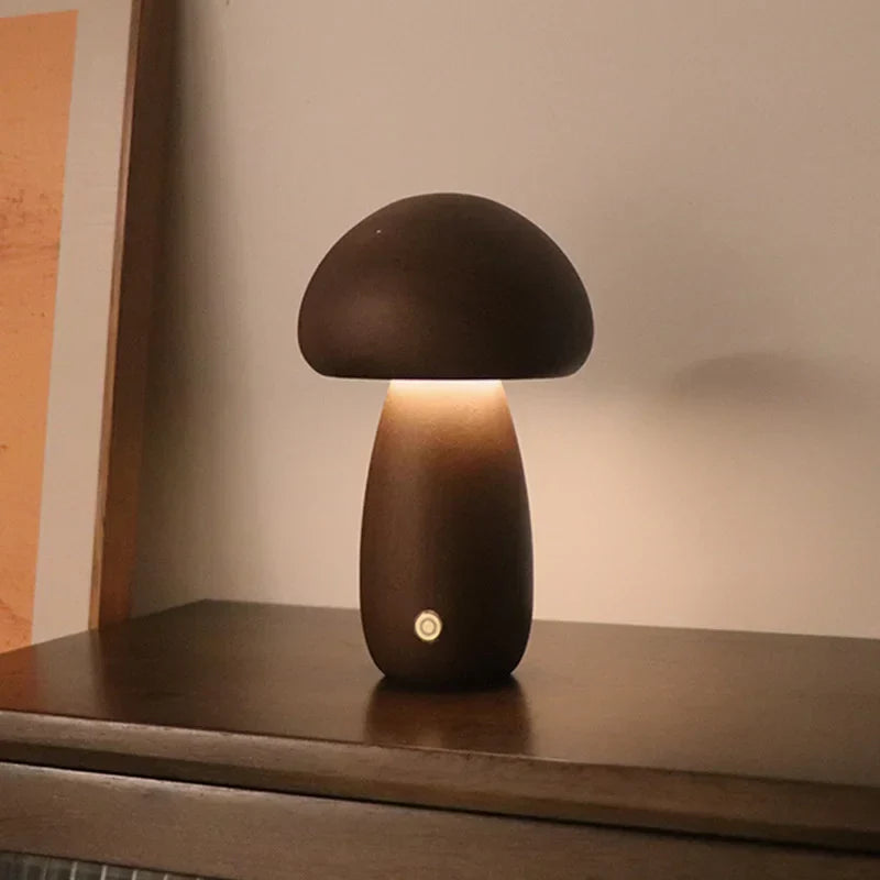Wooden mushroom-shaped LED night light, rechargeable table lamp for bedroom or cozy home decor