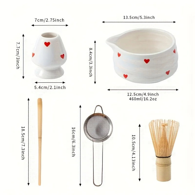 Heart-Shaped Japanese Matcha Bowl Set with Whisk – Authentic Tea Ceremony Tool for Matcha Preparation