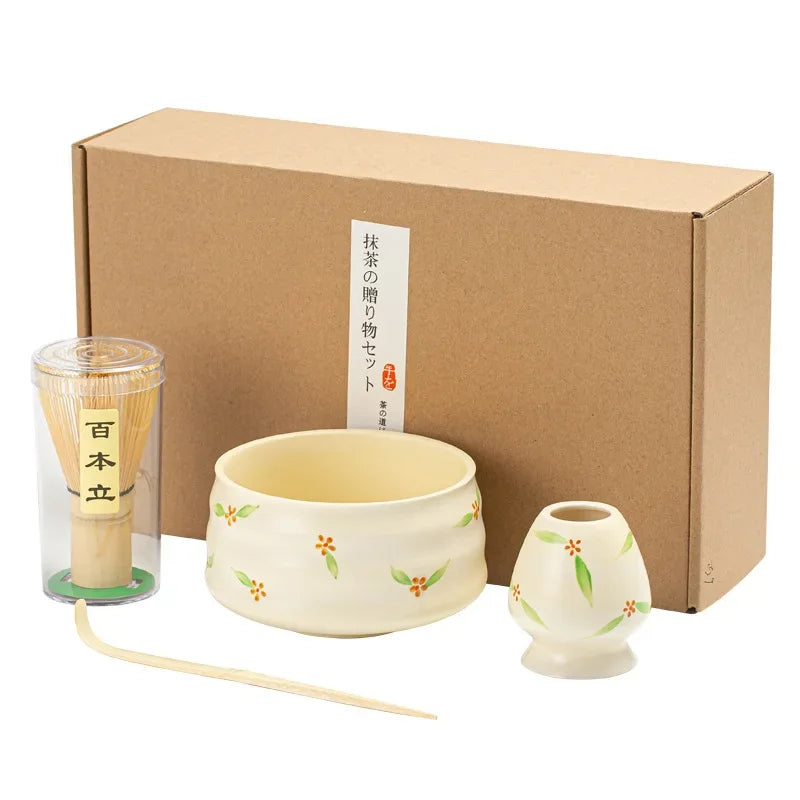 Elegant Ceramic Matcha Teaware Set with Whisk and Spoon – Dark Red with Cherry Blossom Design for Authentic Japanese Tea Experience