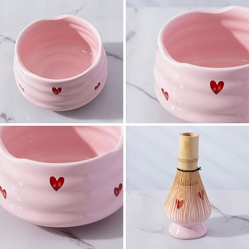 Ceramic Matcha Set with Pink Heart Decals - Complete Matcha Bowl, Whisk, Holder, Bamboo Scoop, and Sifter