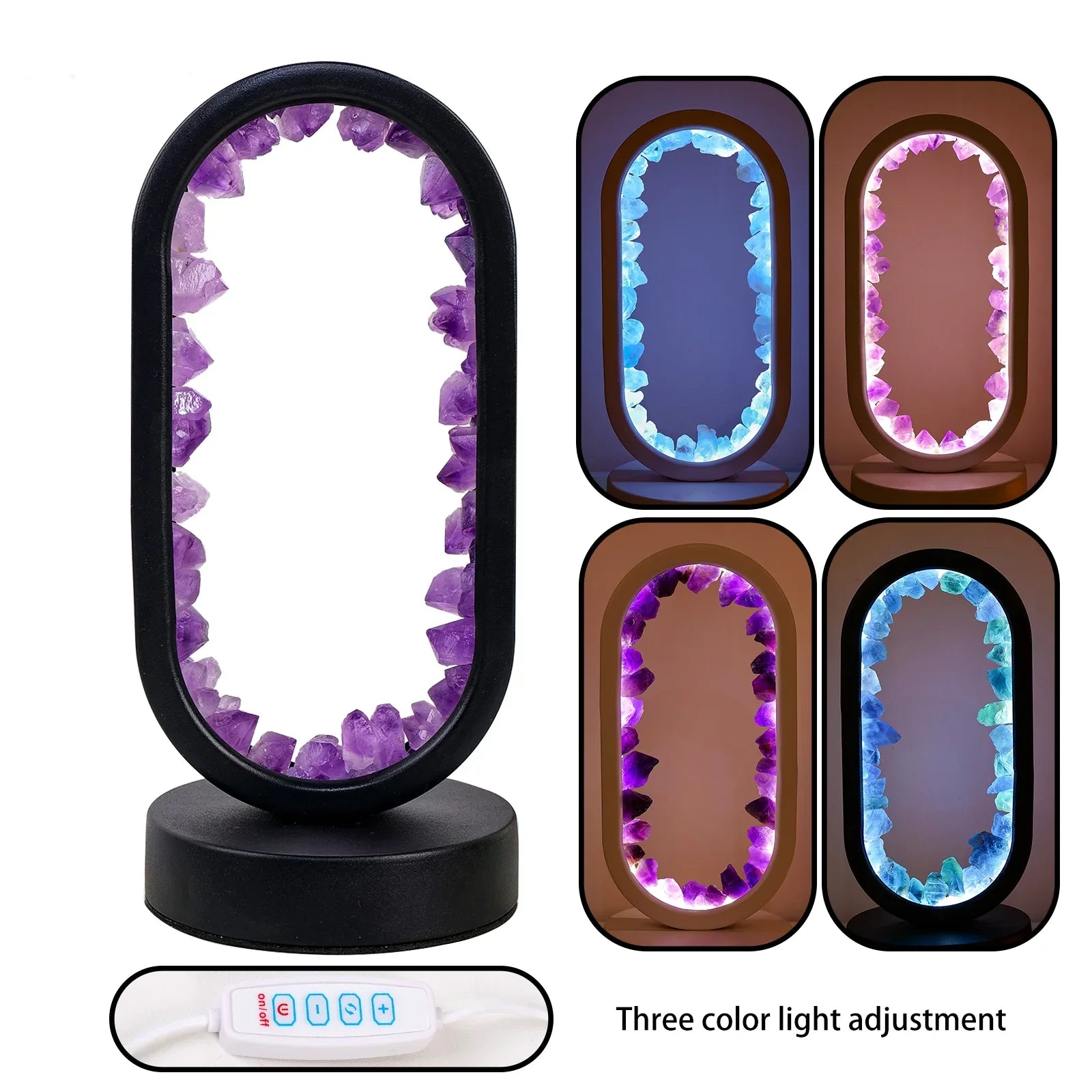 Amethyst crystal LED table lamp with oval frame, ambient night light for bedroom or meditation space decor