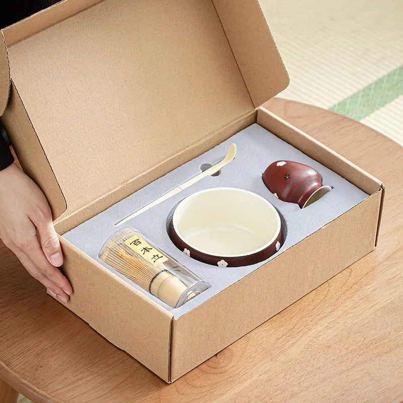 Elegant Ceramic Matcha Teaware Set with Whisk and Spoon – Dark Red with Cherry Blossom Design for Authentic Japanese Tea Experience