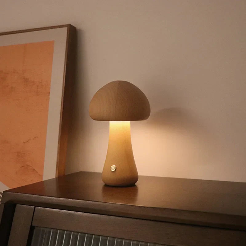 Wooden mushroom-shaped LED night light, rechargeable table lamp for bedroom or cozy home decor
