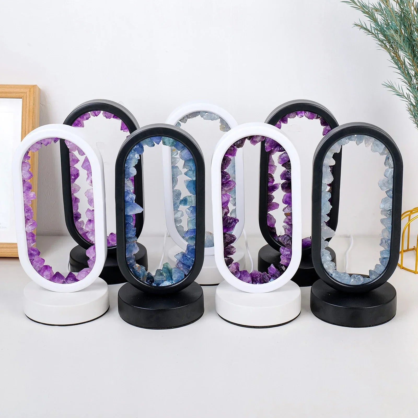 Amethyst crystal LED table lamp with oval frame, ambient night light for bedroom or meditation space decor