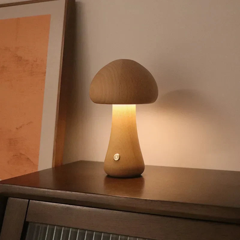 Wooden mushroom-shaped LED night light, rechargeable table lamp for bedroom or cozy home decor