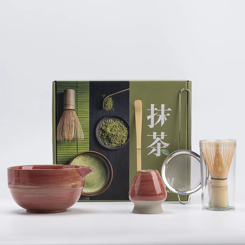 Rustic Hand Glazed 5-Piece Ceramic Matcha Set with Bamboo Whisk and Tea Tools