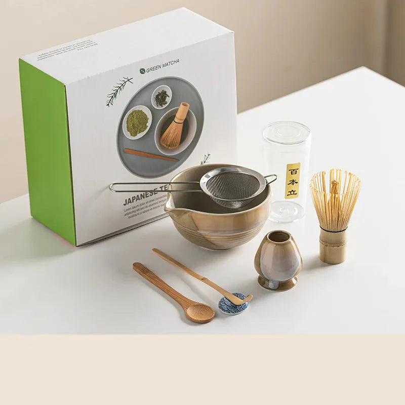 Vintage 7-Piece Matcha Set with Ceramic Bowl, Chasen Whisk, and Bamboo Scoop for Traditional Tea Ceremony