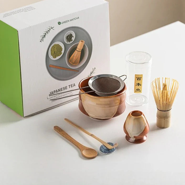 Vintage 7-Piece Matcha Set with Ceramic Bowl, Chasen Whisk, and Bamboo Scoop for Traditional Tea Ceremony