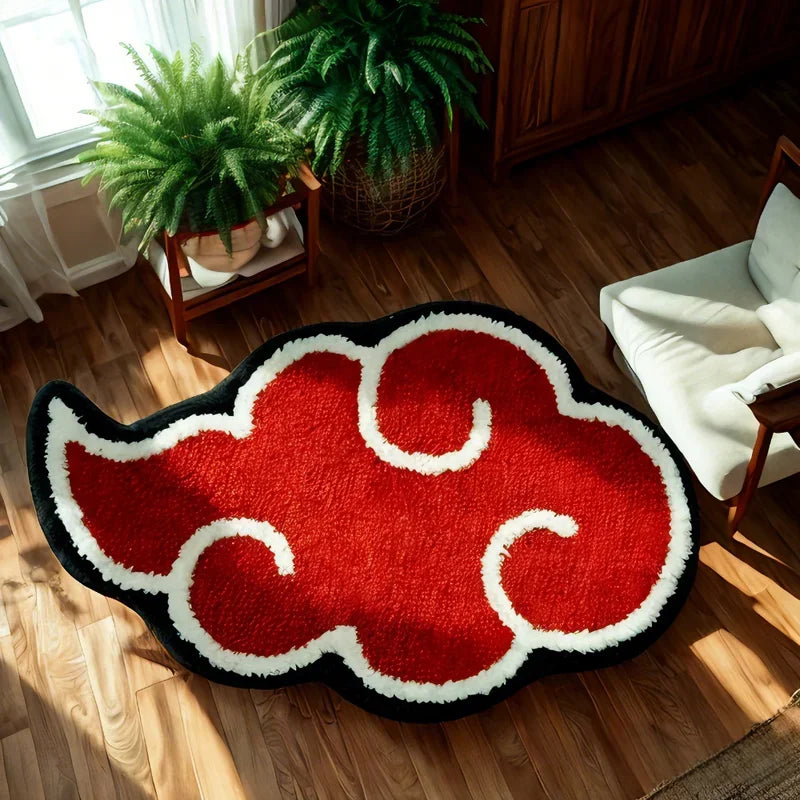 Red Akatsuki cloud rug with black and white border, anime-inspired floor mat for bedroom or living room decor