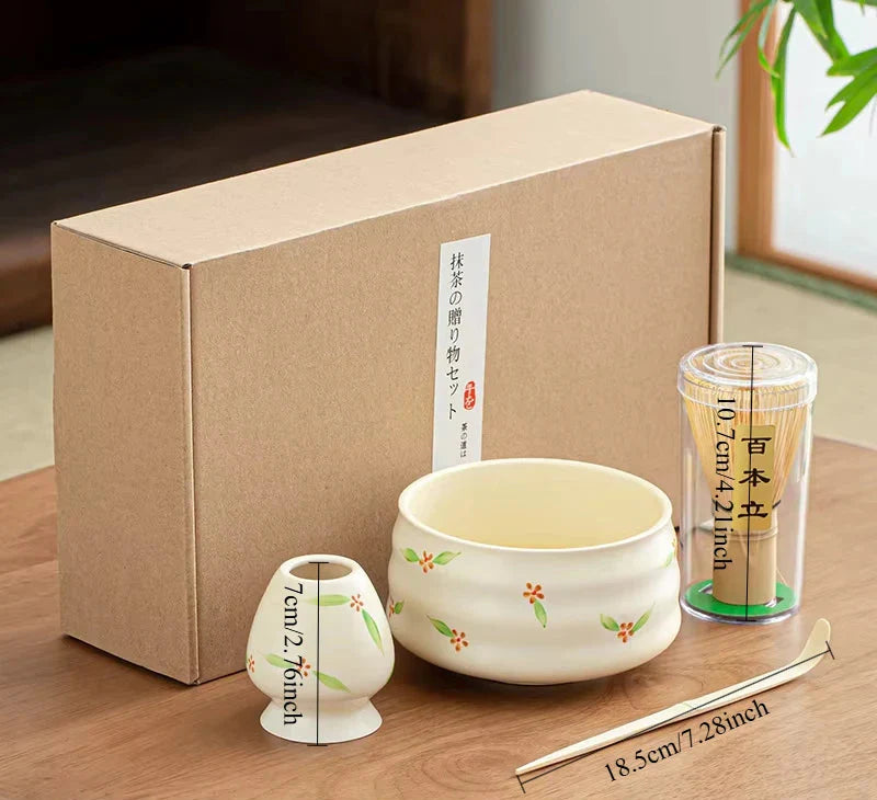 Elegant Ceramic Matcha Teaware Set with Whisk and Spoon – Dark Red with Cherry Blossom Design for Authentic Japanese Tea Experience