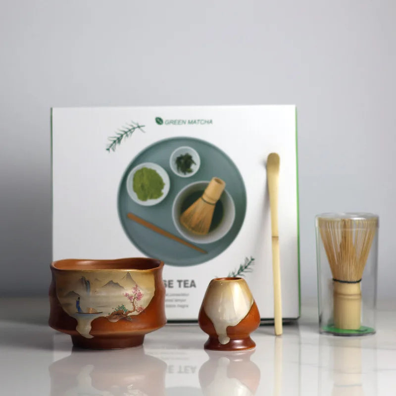 Ceramic Matcha Tea Set with Bamboo Whisk and Spout Bowl – Complete Tea Gift Set for Traditional Ceremonies