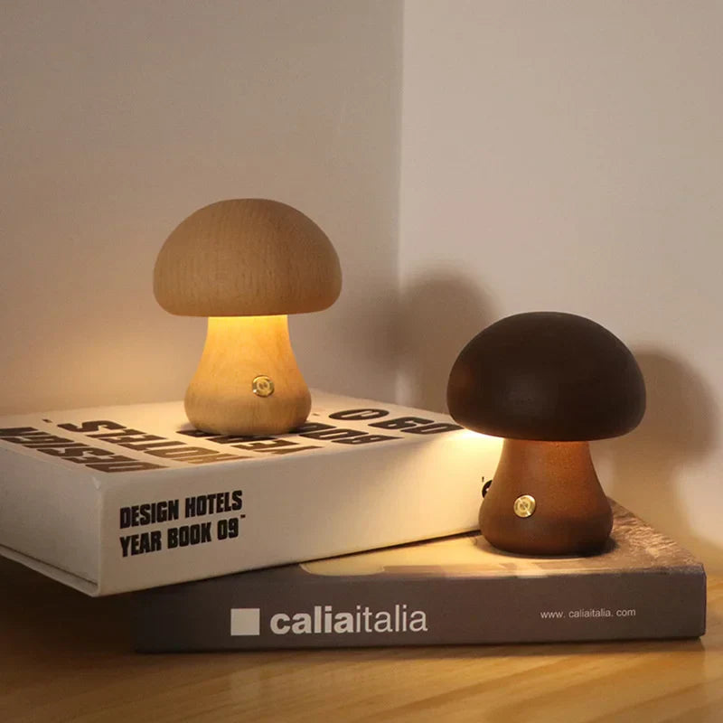 Wooden mushroom-shaped LED night light, rechargeable table lamp for bedroom or cozy home decor