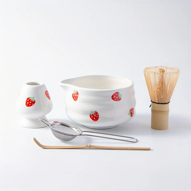 Japanese Strawberry Matcha Bowl Set with Whisk – Cute Ceramic Tea Bowl for Authentic Matcha Experience