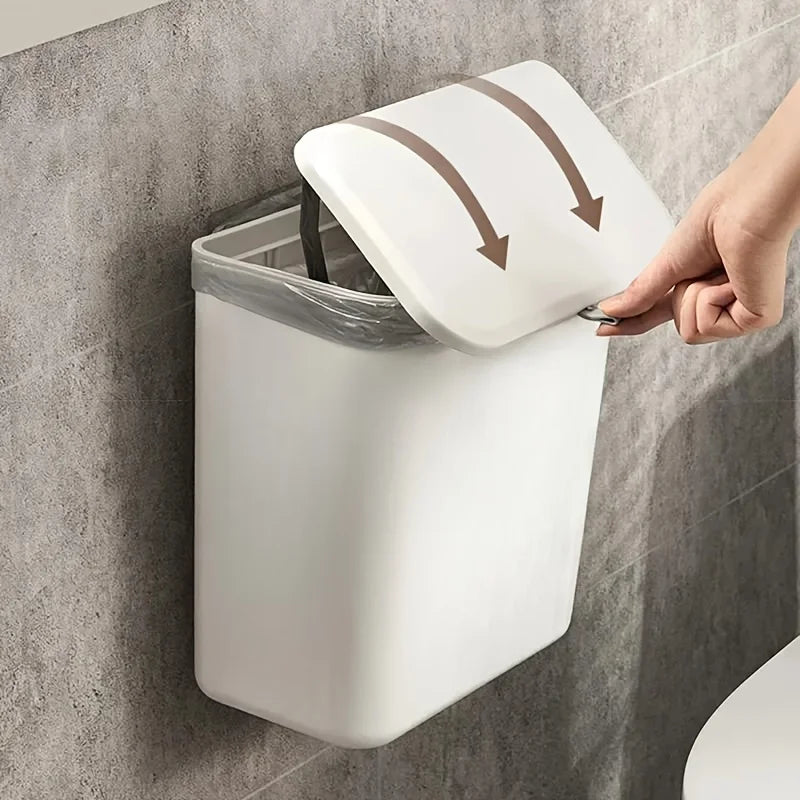 Wall-mounted slim bathroom trash can with flip lid, space-saving garbage bin for toilet or kitchen storage