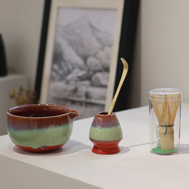Glaze Gradient Matcha Tea Set – 4-Piece Ceramic Bowl with Bamboo Whisk and Scoop