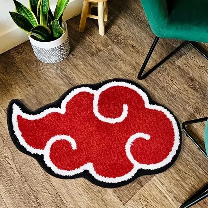 Red Akatsuki cloud rug with black and white border, anime-inspired floor mat for bedroom or living room decor