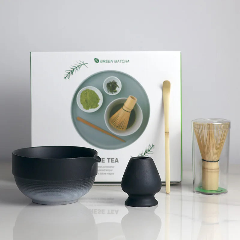 Japanese Ombre Matcha Bowl Set with Spout, Bamboo Whisk, and Scoop - Ceramic Tea Tools for Authentic Matcha Preparation