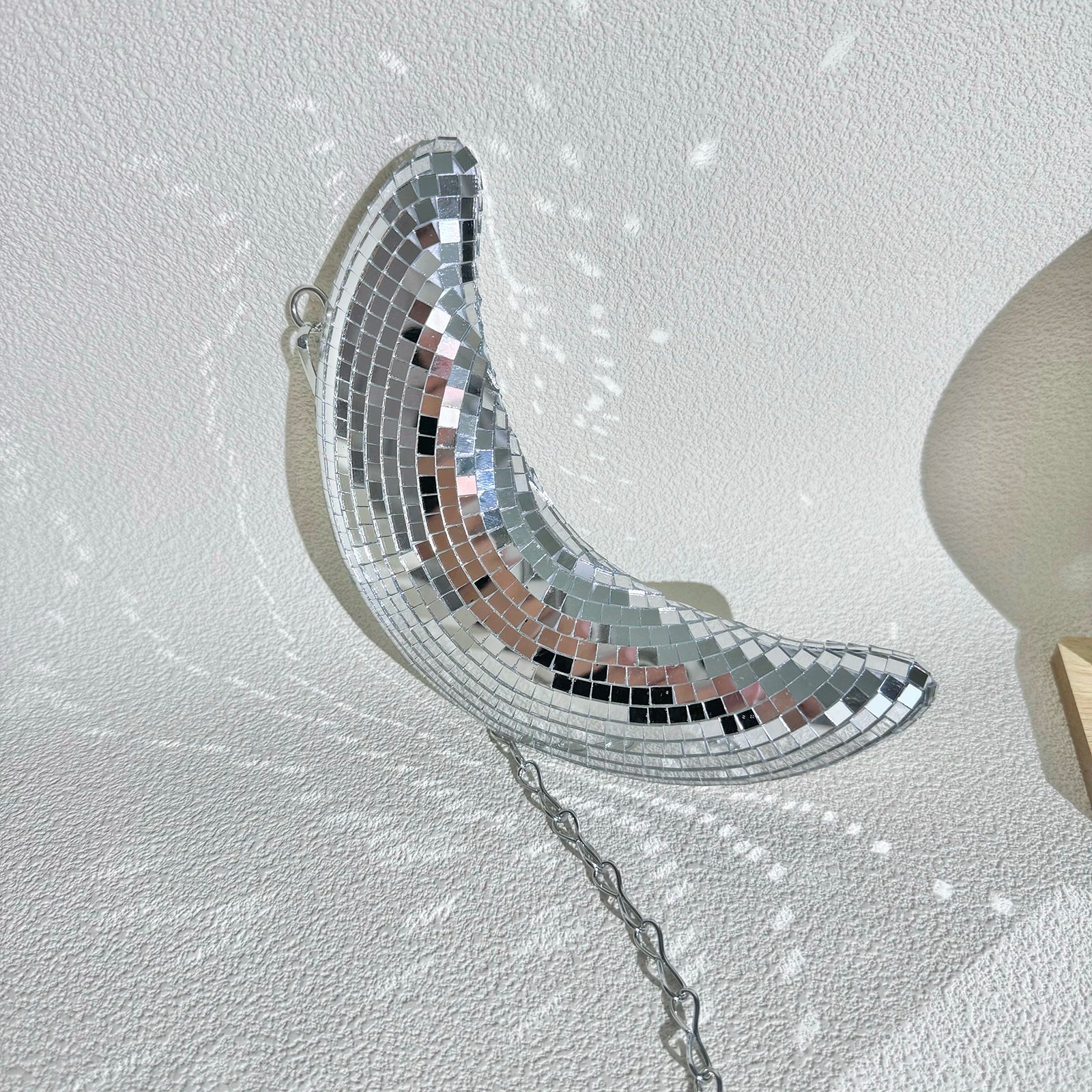 Hanging Disco Moon Mirror - Silver Crescent Wall Art for Enchanting Decor - Perfect for Parties and Celebrations